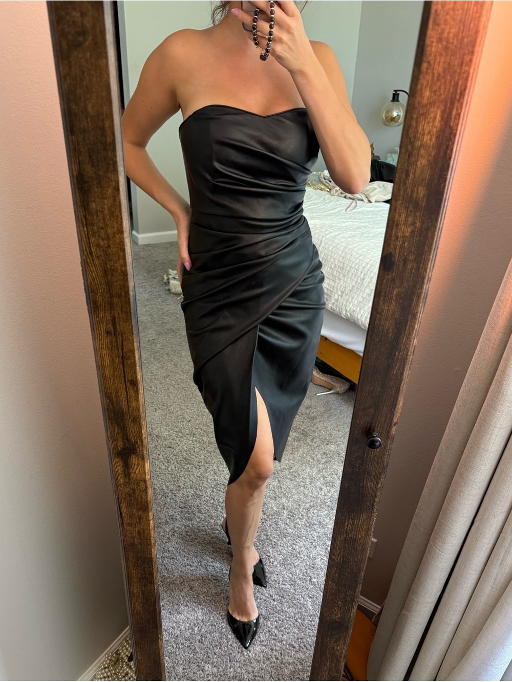 Strapless Black Leather Dress with Front Slit